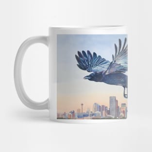 Untethered - crow over Calgary skyline Mug